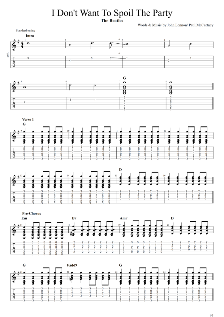The Beatles "I Don't Want To Spoil the Party" Guitar Tab