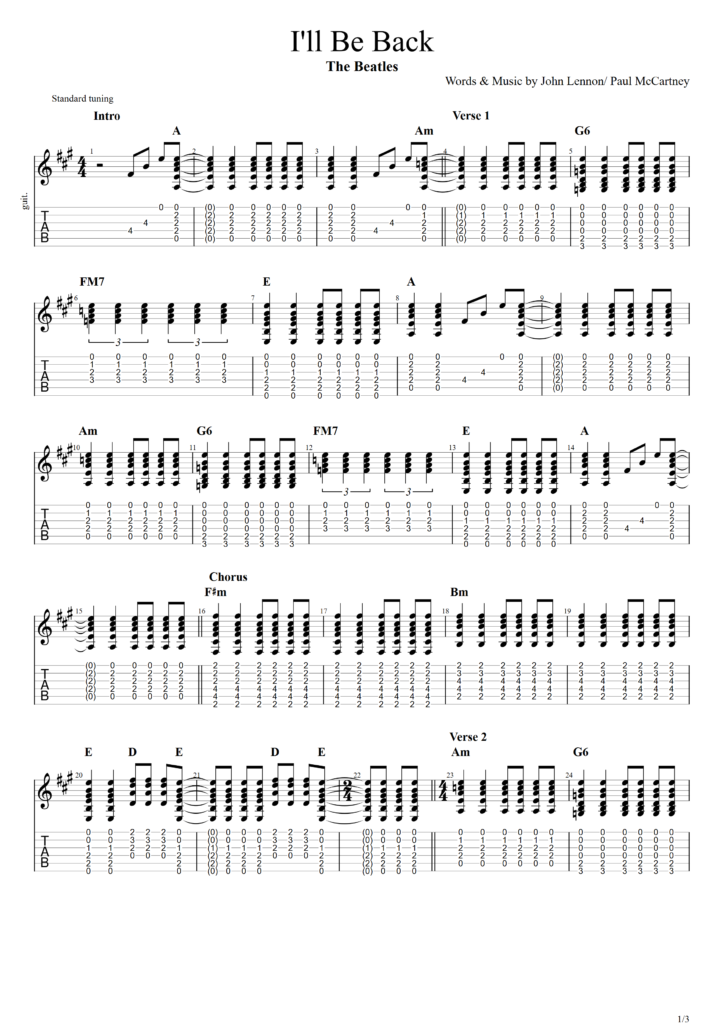 Guitar tab image for The Beatles' "I'll Be Back"