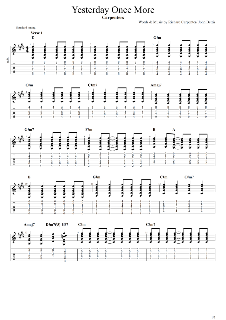 Carpenters "Yesterday Once More" Guitar Tab