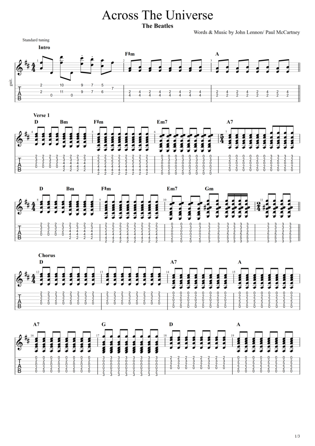 ビートルズ「across The Universe」ギターコードandtab譜 Guitar Jam