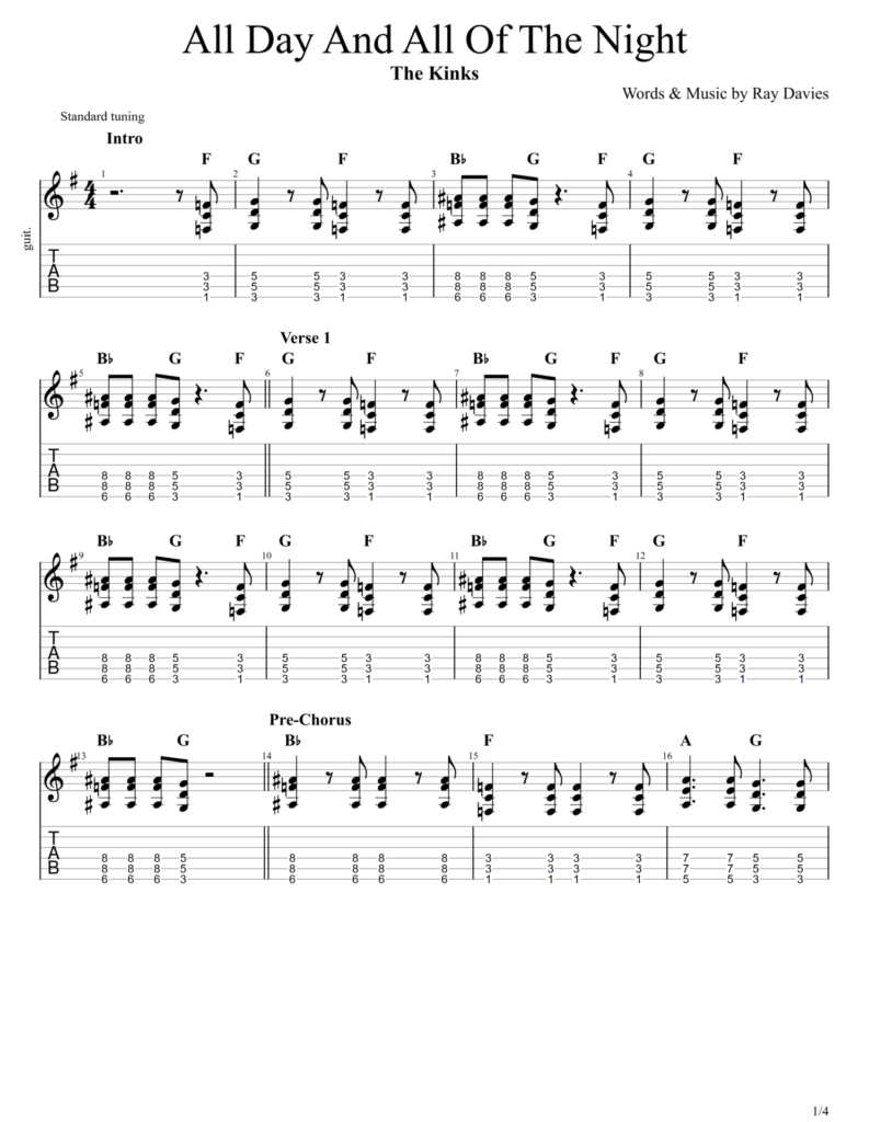 The Kinks "All Day And All Of The Night" Guitar Tab