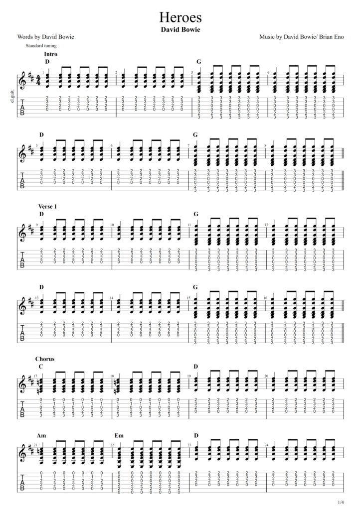 Guitar tabs image for David Bowie's "Heroes"