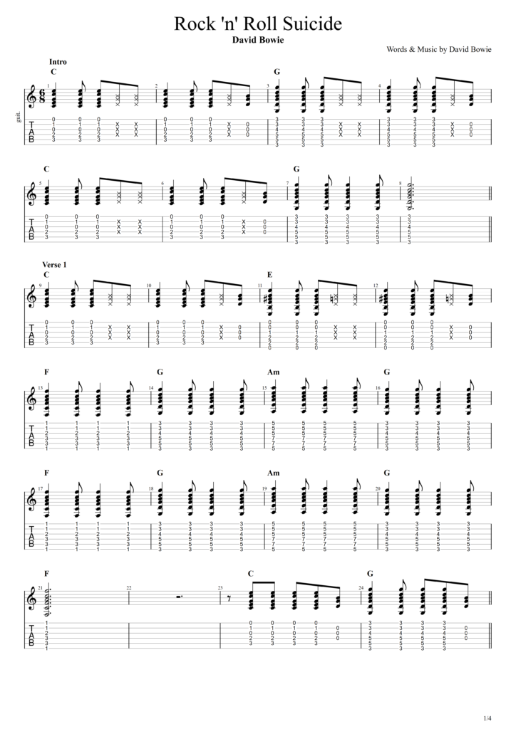 Guitar tab image for David Bowie's "Rock 'n' Roll Suicide"