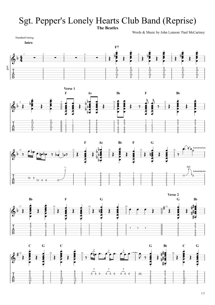Guitar tab image for The Beatles' "Sgt. Pepper's Lonely Hearts Club Band (Reprise)"