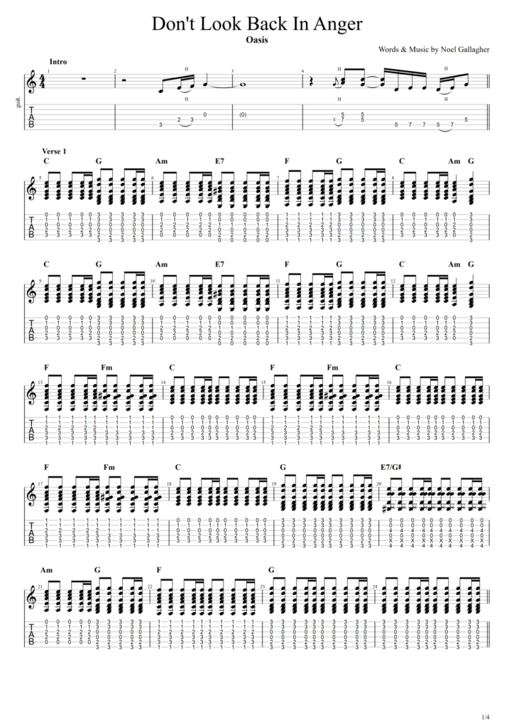 Oasis "Don't Look Back In Anger" Guitar Tab